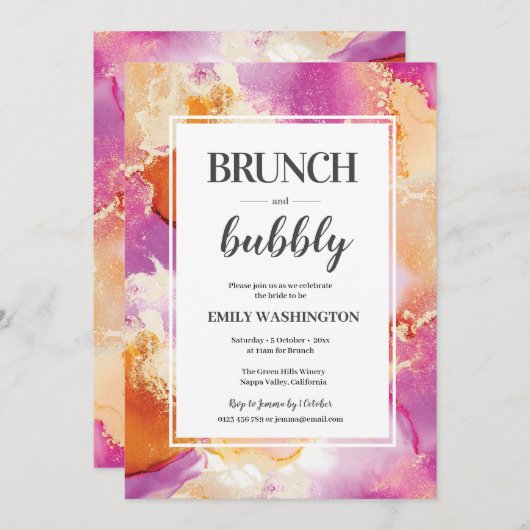 Paarse, oranje en gouden brunch & bubbeluitnodigin kaart (Voorkant / Achterkant)