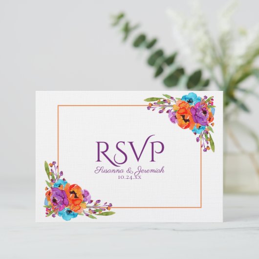 Paarse Oranje Floral Waterverf RSVP maaltijdoptie (Staand voorkant)