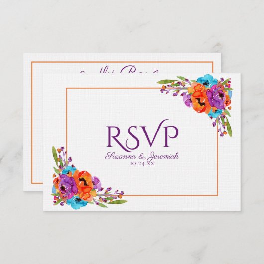 Paarse Oranje Floral Waterverf RSVP maaltijdoptie (Voorkant / Achterkant)