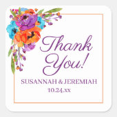 Paarse Oranje Floral Waterverf Weddenschap Harteli Vierkante Sticker (Voorkant)