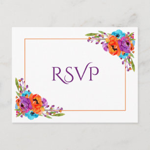 Paarse Oranje Floral Waterverf Wedding RSVP Uitnodiging Briefkaart