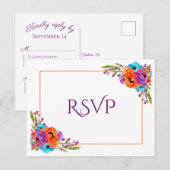 Paarse Oranje Floral Waterverf Wedding RSVP Uitnodiging Briefkaart (Voorkant / Achterkant)