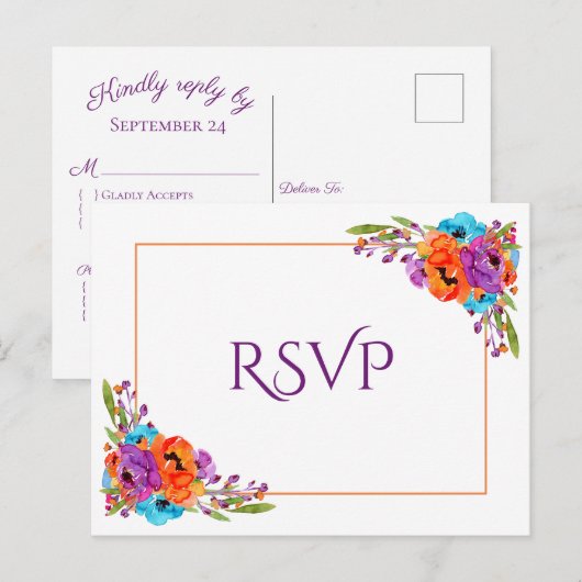 Paarse Oranje Floral Waterverf Wedding RSVP Uitnodiging Briefkaart (Voorkant / Achterkant)