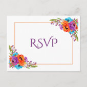 Paarse Oranje Floral Waterverf Wedding RSVP Uitnodiging Briefkaart (Voorkant)