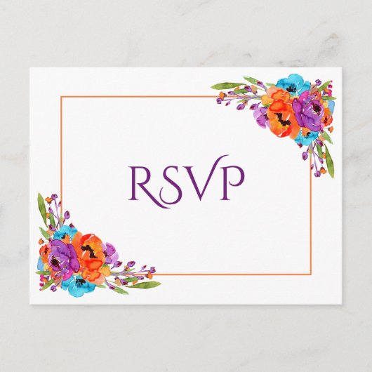Paarse Oranje Floral Waterverf Wedding RSVP Uitnodiging Briefkaart (Voorkant)