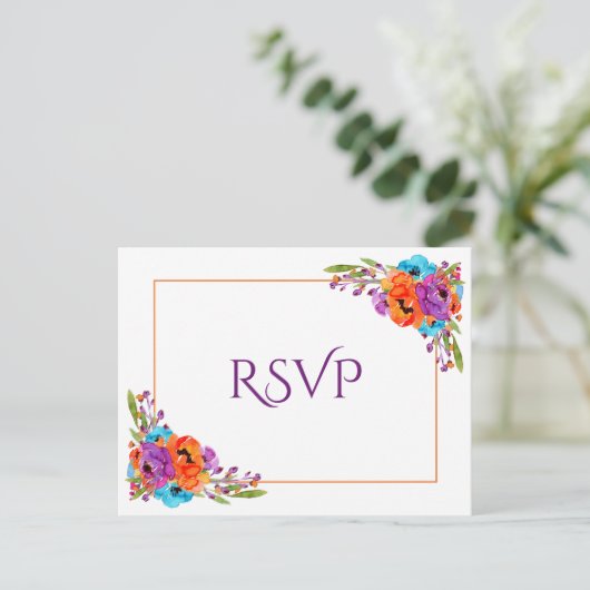 Paarse Oranje Floral Waterverf Wedding RSVP Uitnodiging Briefkaart (Staand voorkant)