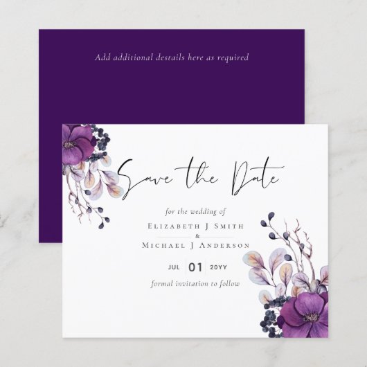 Paarse Oranje Floral Weddenschap Save Dates (Voorkant / Achterkant)