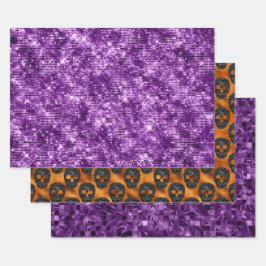 Paarse Oranje Glitter Schedel Halloween Patroon Inpakpapier Vel