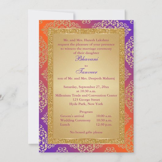Paarse, Oranje Glitter Wedding Invite Gold FAUX Kaart (Voorkant)