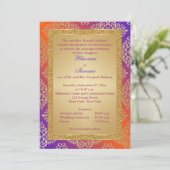 Paarse, Oranje Glitter Wedding Invite Gold FAUX Kaart (Staand voorkant)