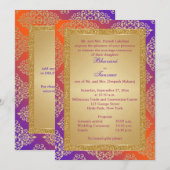 Paarse, Oranje Glitter Wedding Invite Gold FAUX Kaart (Voorkant / Achterkant)