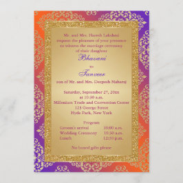 Paarse, Oranje Glitter Wedding Invite Gold FAUX Kaart