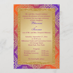 Paarse, Oranje Glitter Wedding Invite Gold FAUX Kaart