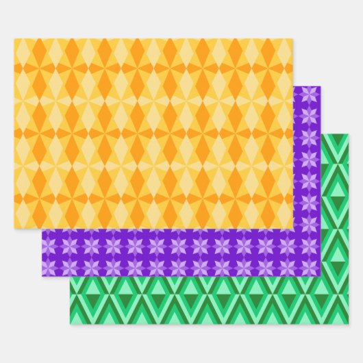 PAARSE ORANJE GREEN MARDI GRAS PATTERNEN INPAKPAPIER VEL (Set)