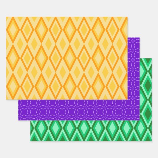 PAARSE ORANJE GREEN MARDI GRAS PATTERNEN INPAKPAPIER VEL (Set)