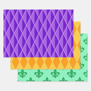 PAARSE ORANJE GREEN MARDI GRAS PATTERNEN INPAKPAPIER VEL