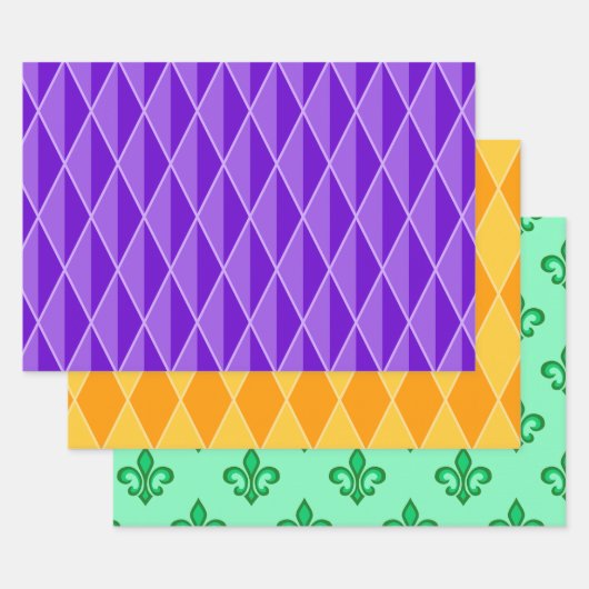 PAARSE ORANJE GREEN MARDI GRAS PATTERNEN INPAKPAPIER VEL (Set)