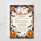 Paarse Oranje Griezelige Pompoen Halloween Feest Kaart (Voorkant)
