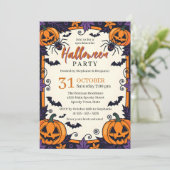 Paarse Oranje Griezelige Pompoen Halloween Feest Kaart (Staand voorkant)