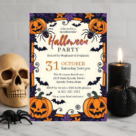 Paarse Oranje Griezelige Pompoen Halloween Feest Kaart