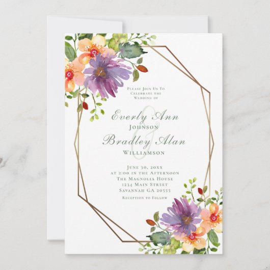 Paarse Oranje Groene Bloemen QR Code Foto Bruiloft Kaart (Voorkant)