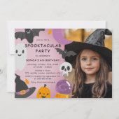 Paarse Oranje Halloween Kids Verjaardagsfoto Kaart (Voorkant)