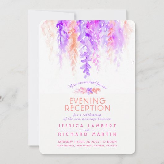 Paarse oranje huwelijksavond receptie uitnodigt kaart (Voorkant)