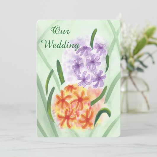 Paarse Oranje Hyacint Bloemen Huwelijksuitnodiging Kaart (Staand voorkant)
