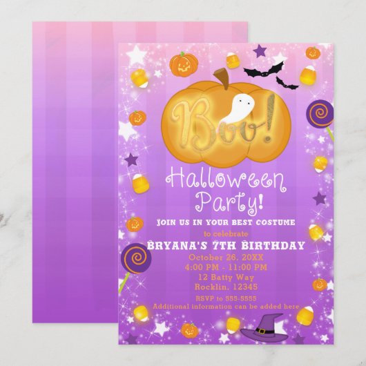 Paarse & Oranje leuke grillige Halloween Party Kaart (Voorkant / Achterkant)