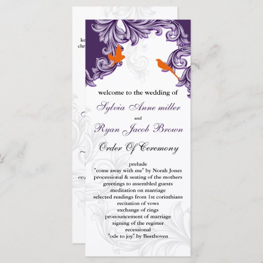 paarse, oranje Lovebirds-programma's Programmakaart (Voorkant / Achterkant)