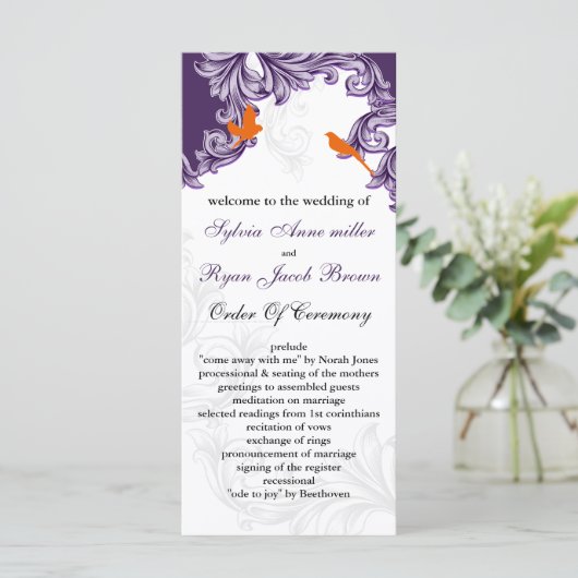 paarse, oranje Lovebirds-programma's Programmakaart (Staand voorkant)