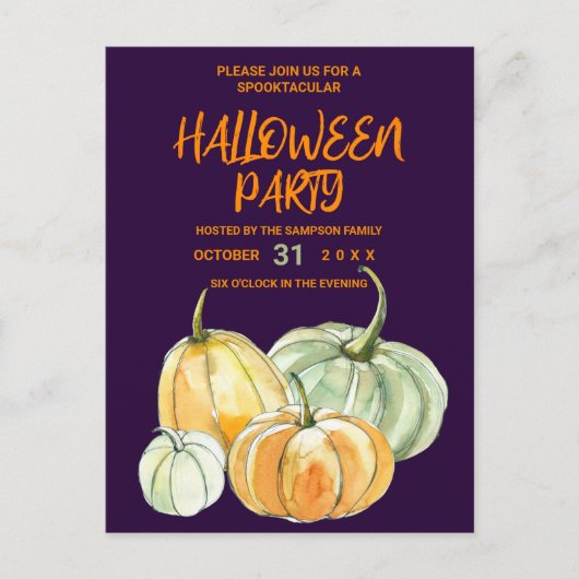 Paarse oranje munt pompoen Halloween feest Uitnodiging Briefkaart (Voorkant)