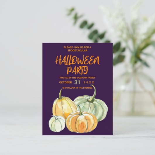 Paarse oranje munt pompoen Halloween feest Uitnodiging Briefkaart (Staand voorkant)