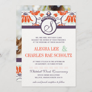 Paarse Oranje Persimmon en Mint Paisley Wedding Kaart