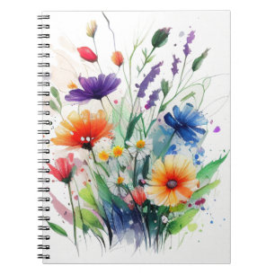 Paarse Oranje Rode Blauwe Aquarel Bloemen Journaal Notitieboek