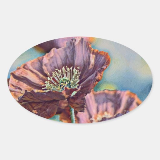 Paarse oranje rode papaverbloemen waterverf ovale sticker (Voorkant)