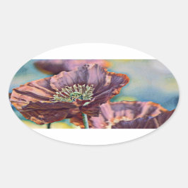 Paarse oranje rode papaverbloemen waterverf ovale sticker