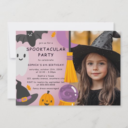 Paarse Oranje Schattigee Halloween Kids Verjaardag Kaart (Voorkant)