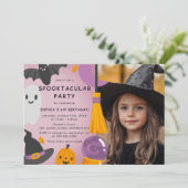 Paarse Oranje Schattigee Halloween Kids Verjaardag Kaart (Staand voorkant)