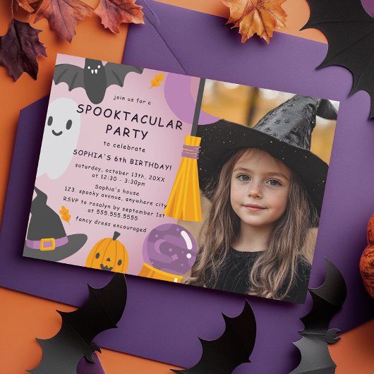 Paarse Oranje Schattigee Halloween Kids Verjaardag Kaart