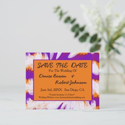 Paarse Oranje tijdrager Sla de datum op Save The Date (Staand voorkant)