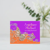 Paarse oranje verjaardag verloving aankondigingskaart (Staand voorkant)