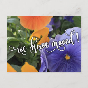 Paarse/oranje viooltjes Foto "We zijn verhuisd" be Aankondigingskaart