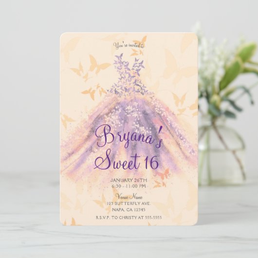 Paarse Oranje vlinder Dance Dress Sweet 16 Party Kaart (Staand voorkant)