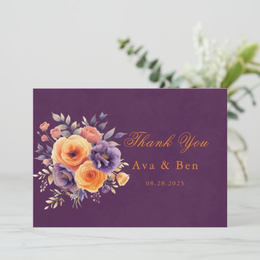 Paarse Oranje Vrachtwagen Bruiloft Dank u Kaart (Staand voorkant)