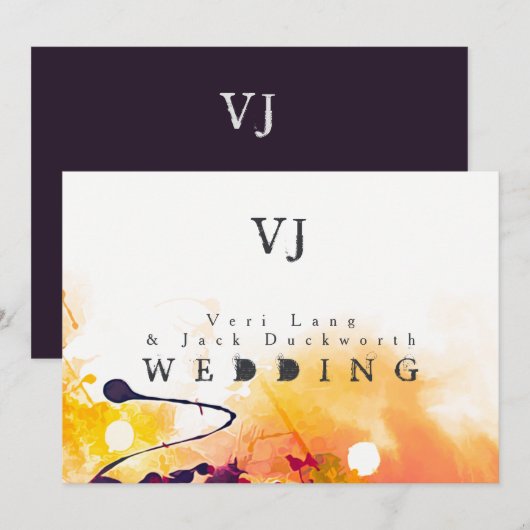 Paarse Oranje Watercolor Trouw Uitnodigingen met S (Voorkant / Achterkant)