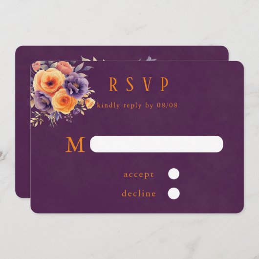 Paarse Oranje Waterverf Bloemen Bruiloft RSVP Kaar Kaart (Voorkant / Achterkant)