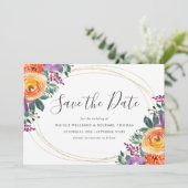 Paarse Oranje Waterverf Bloemen Save The Date (Staand voorkant)