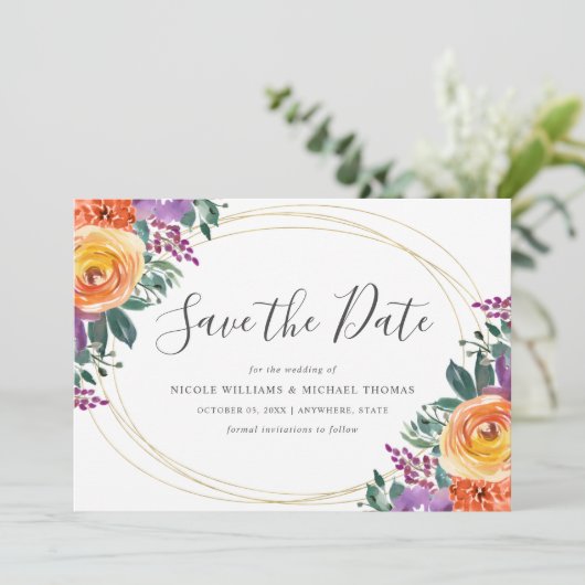 Paarse Oranje Waterverf Bloemen Save The Date (Staand voorkant)