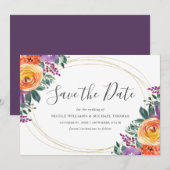 Paarse Oranje Waterverf Bloemen Save The Date (Voorkant / Achterkant)